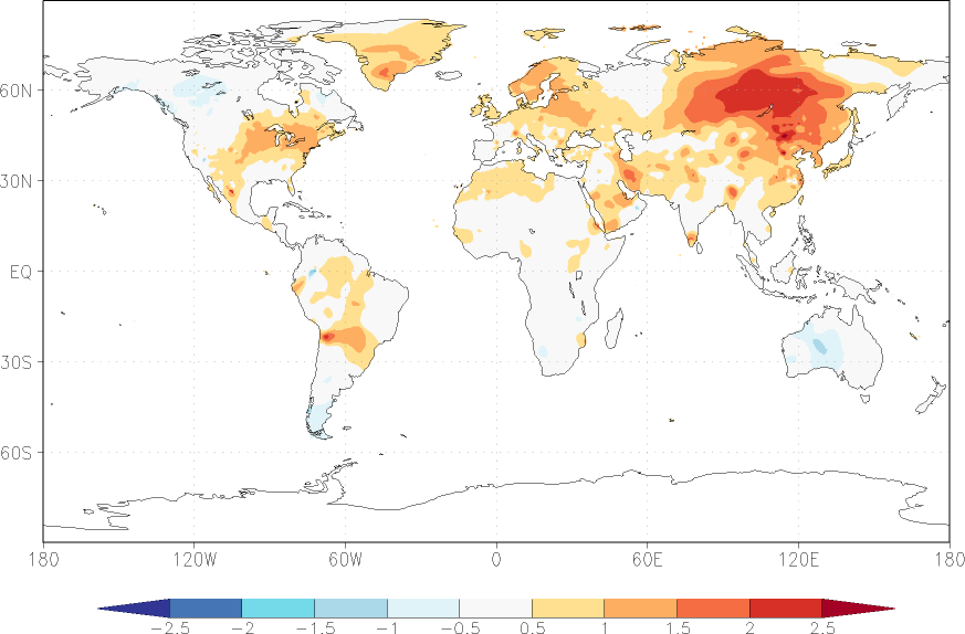 temperature (2m height, world) anomaly July-June  w.r.t. 1981-2010