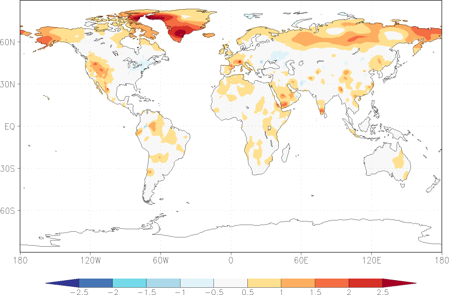 temperature (2m height, world) anomaly January-December  w.r.t. 1981-2010