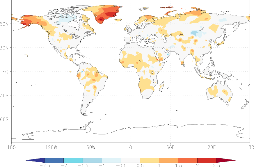 temperature (2m height, world) anomaly July-June  w.r.t. 1981-2010