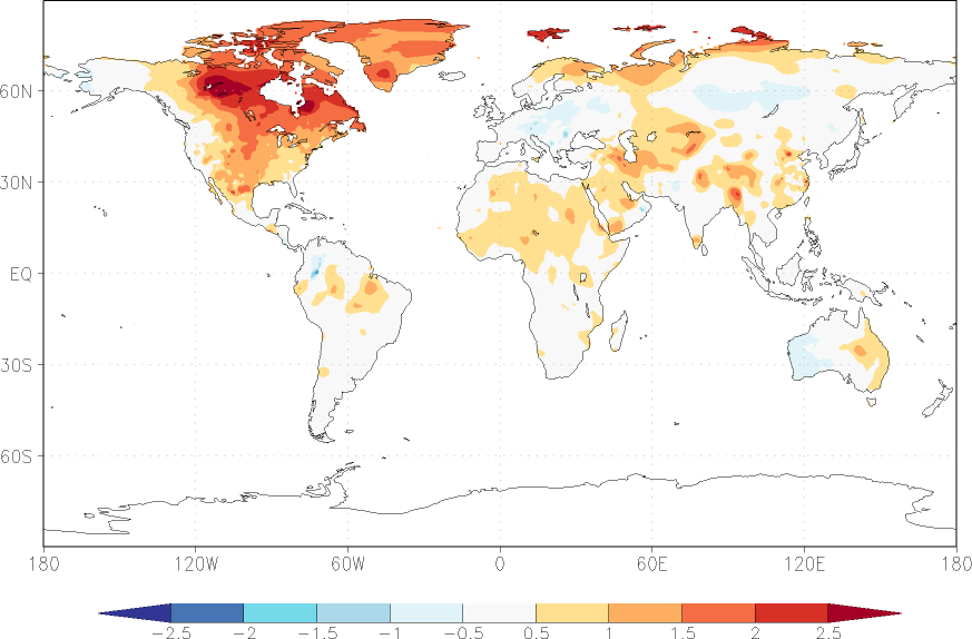 temperature (2m height, world) anomaly July-June  w.r.t. 1981-2010