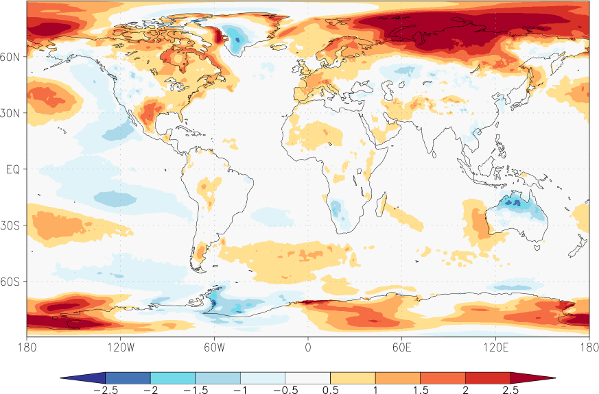 temperature (2m height, world) anomaly January-December  w.r.t. 1981-2010