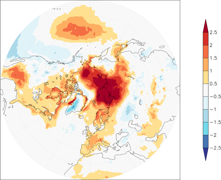 temperature (2m height, northern hemisphere) anomaly January-December  w.r.t. 1981-2010
