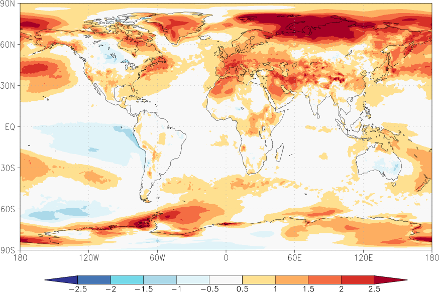 temperature (2m height, world) anomaly January-December  w.r.t. 1981-2010