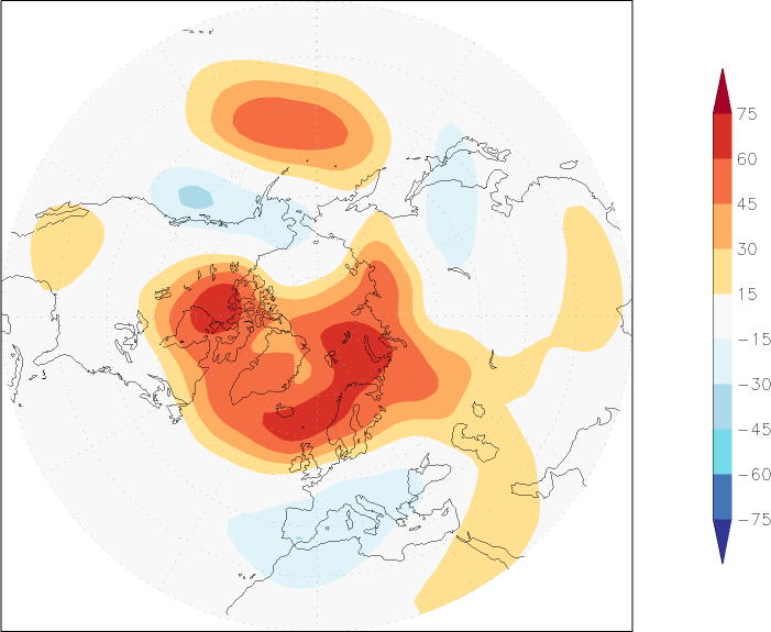 500mb height (northern hemisphere) anomaly Winter half year (October-March)  w.r.t. 1981-2010