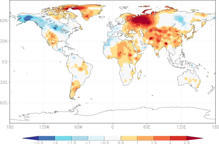 temperature (2m height, world) anomaly Winter half year (October-March)  w.r.t. 1981-2010