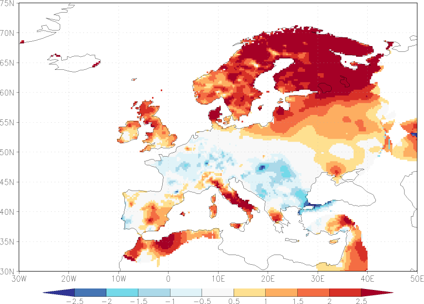 minimum temperature anomaly Winter half year (October-March)  w.r.t. 1981-2010