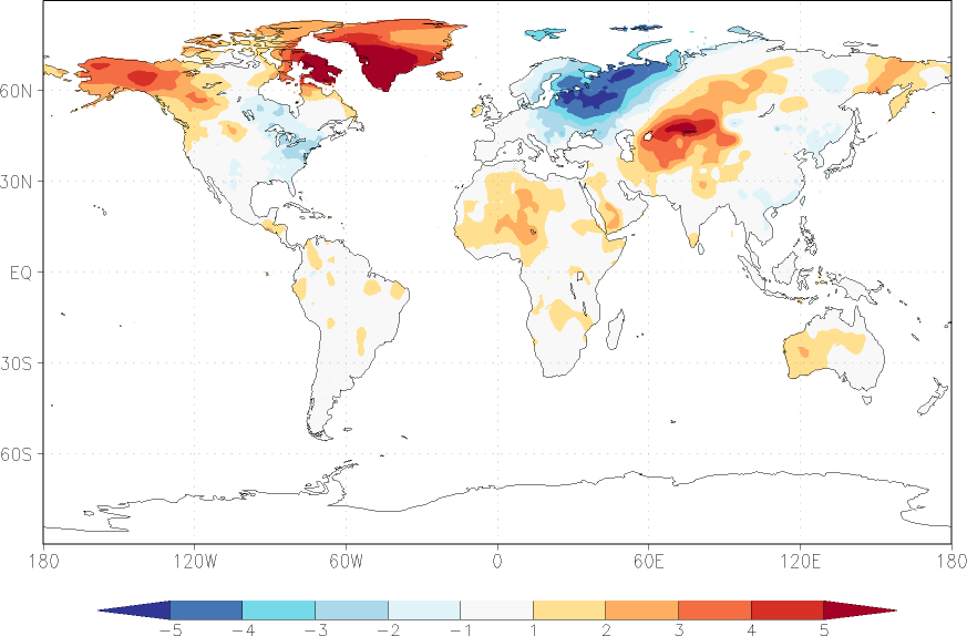 temperature (2m height, world) anomaly March  w.r.t. 1981-2010