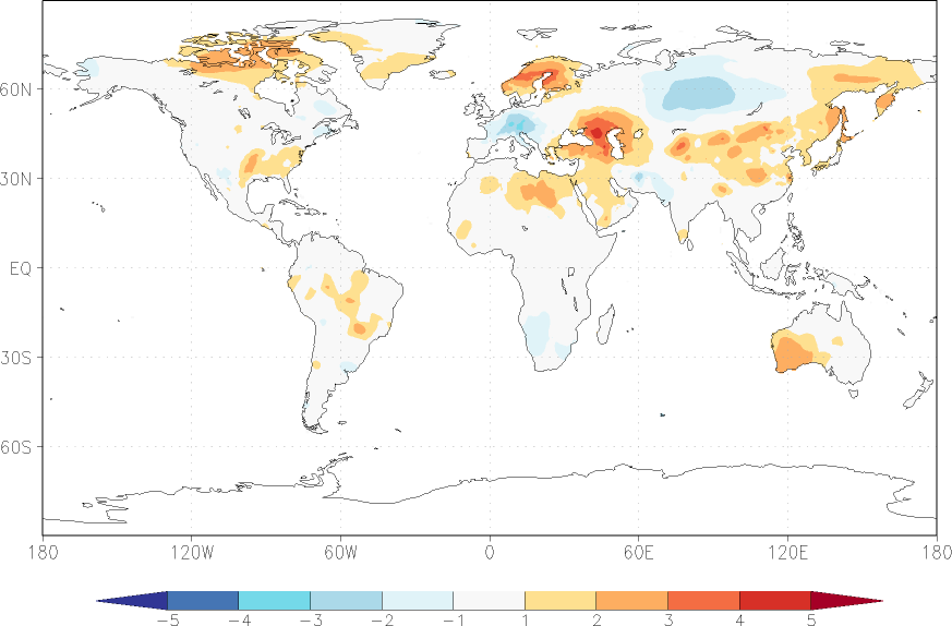 temperature (2m height, world) anomaly August  w.r.t. 1981-2010