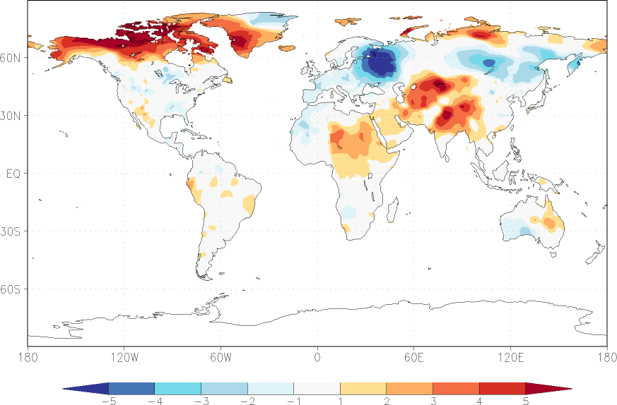 temperature (2m height, world) anomaly February  w.r.t. 1981-2010