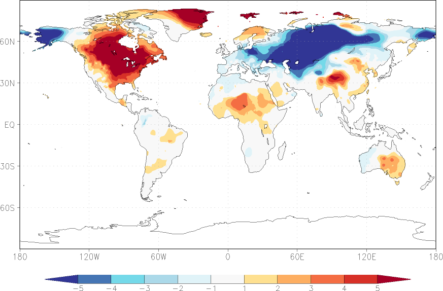 temperature (2m height, world) anomaly January  w.r.t. 1981-2010