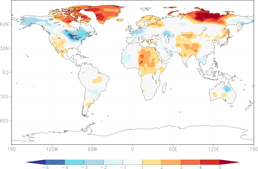 temperature (2m height, world) anomaly January  w.r.t. 1981-2010