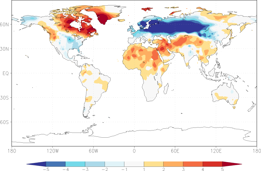 temperature (2m height, world) anomaly January  w.r.t. 1981-2010