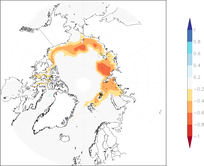 sea ice concentration (Arctic) anomaly October  w.r.t. 1981-2010