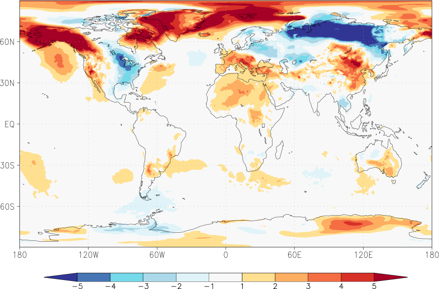 temperature (2m height, world) anomaly January  w.r.t. 1981-2010
