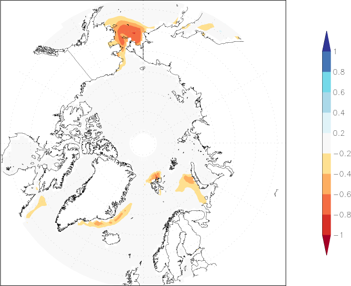 sea ice concentration (Arctic) anomaly April  w.r.t. 1981-2010