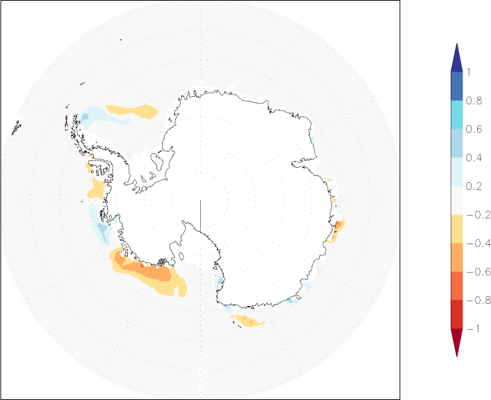 sea ice concentration (Antarctic) anomaly February  w.r.t. 1981-2010