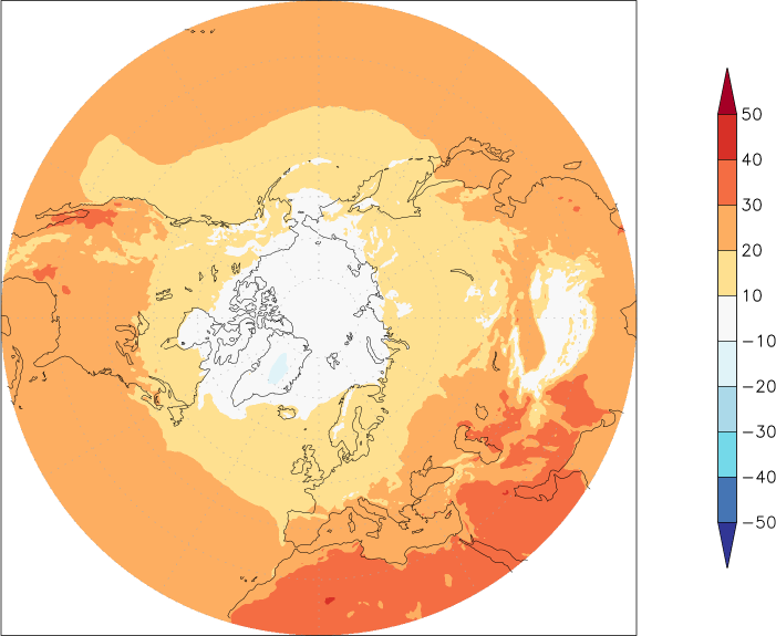 temperature (2m height, northern hemisphere) August  observed values