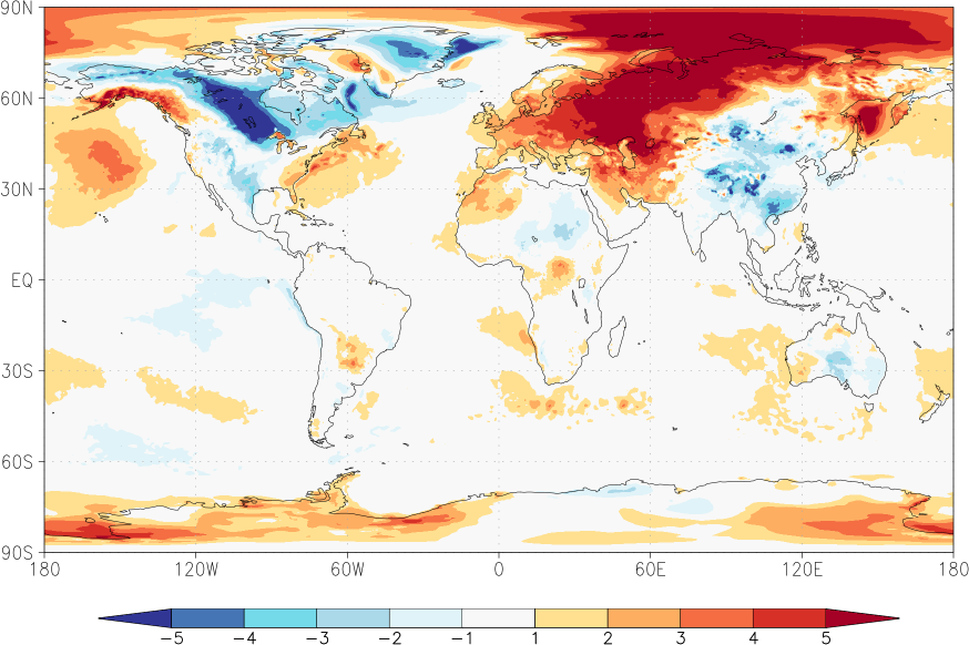 temperature (2m height, world) anomaly February  w.r.t. 1981-2010