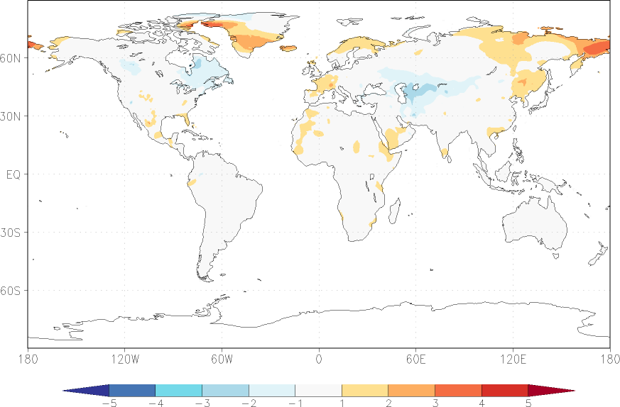 temperature (2m height, world) anomaly spring (March-May)  w.r.t. 1981-2010