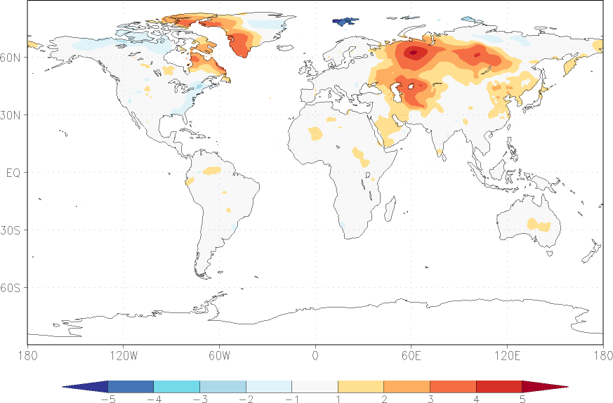 temperature (2m height, world) anomaly winter (December-February)  w.r.t. 1981-2010