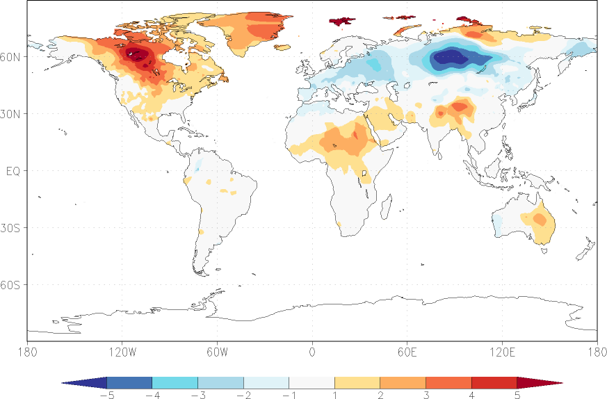 temperature (2m height, world) anomaly winter (December-February)  w.r.t. 1981-2010