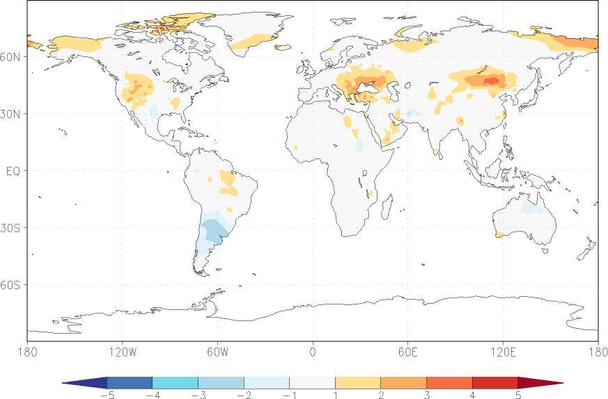 temperature (2m height, world) anomaly summer (June-August)  w.r.t. 1981-2010