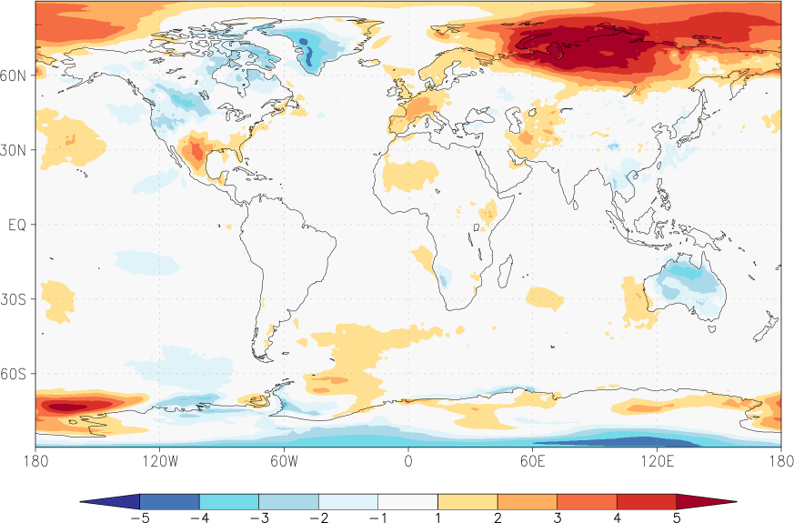 temperature (2m height, world) anomaly spring (March-May)  w.r.t. 1981-2010