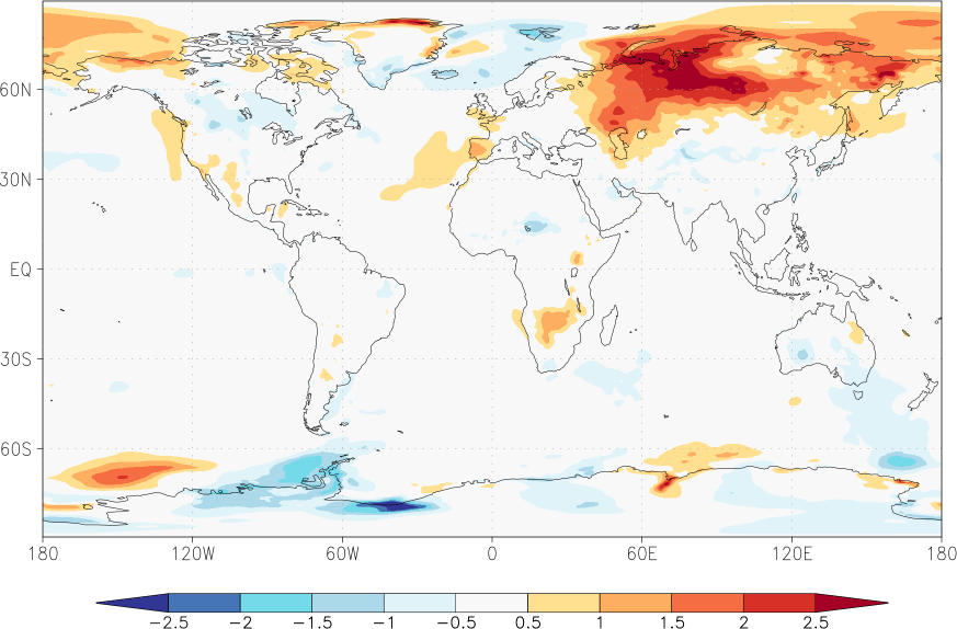 temperature (2m height, world) anomaly January-December  w.r.t. 1981-2010