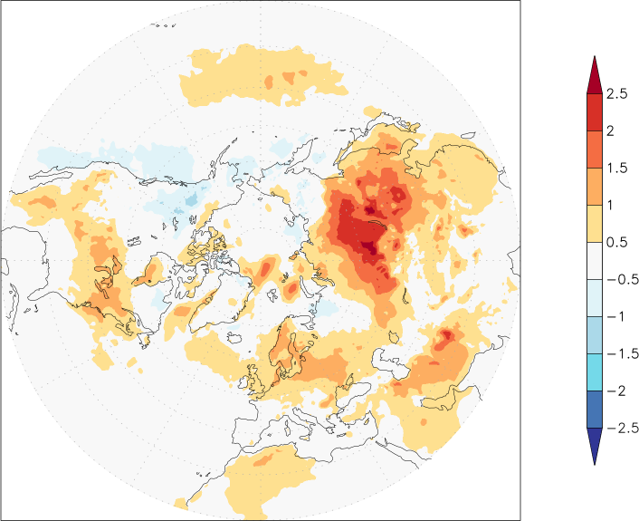temperature (2m height, northern hemisphere) anomaly July-June  w.r.t. 1981-2010