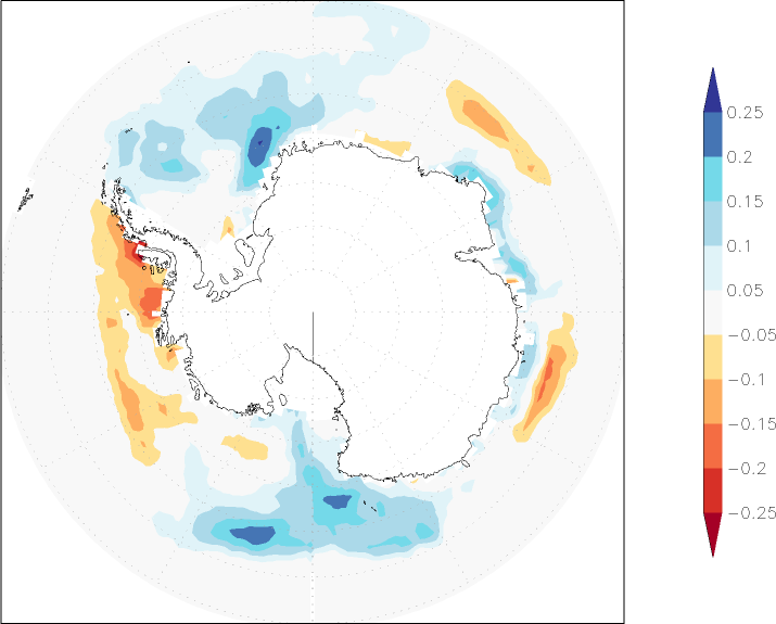 sea ice concentration (Antarctic) anomaly July-June  w.r.t. 1981-2010