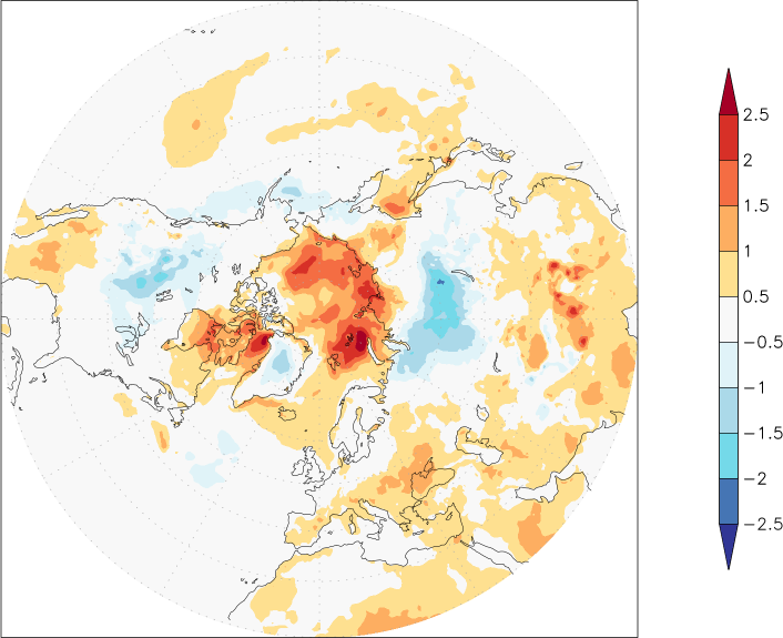 temperature (2m height, northern hemisphere) anomaly January-December  w.r.t. 1981-2010