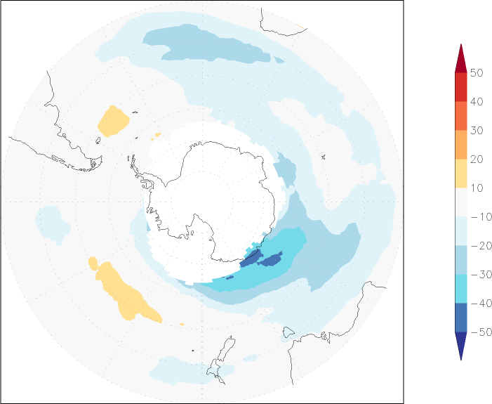 ozone (southern hemisphere) anomaly July-June  w.r.t. 1981-2010