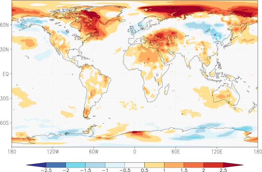 temperature (2m height, world) anomaly July-June  w.r.t. 1981-2010