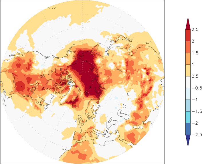 temperature (2m height, northern hemisphere) anomaly July-June  w.r.t. 1981-2010