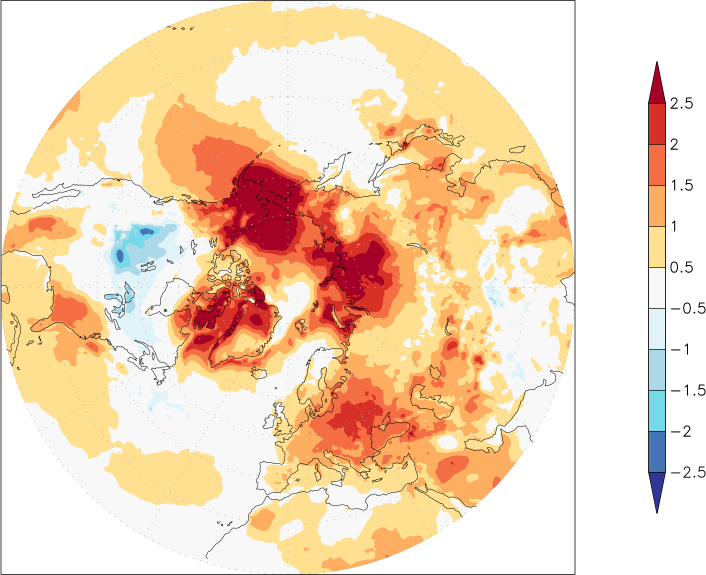 temperature (2m height, northern hemisphere) anomaly January-December  w.r.t. 1981-2010