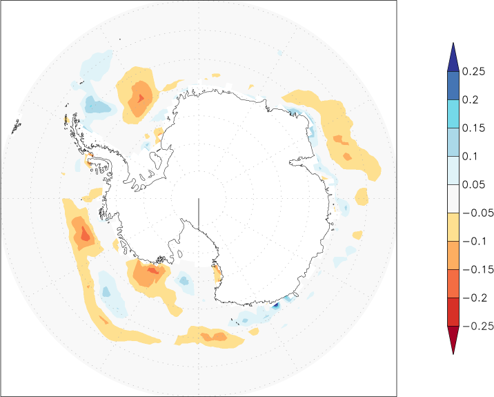 sea ice concentration (Antarctic) anomaly July-June  w.r.t. 1981-2010