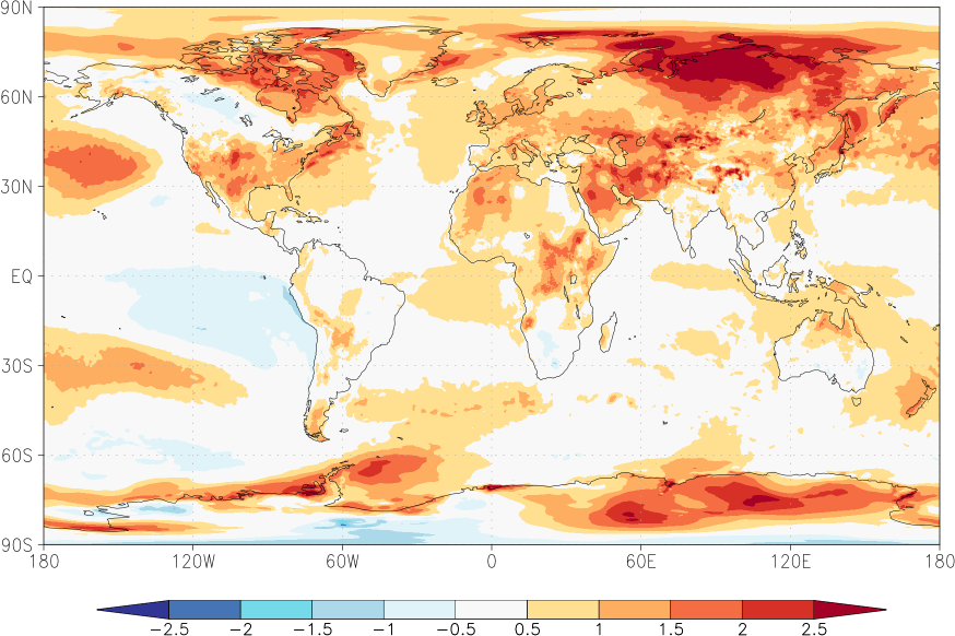 temperature (2m height, world) anomaly July-June  w.r.t. 1981-2010