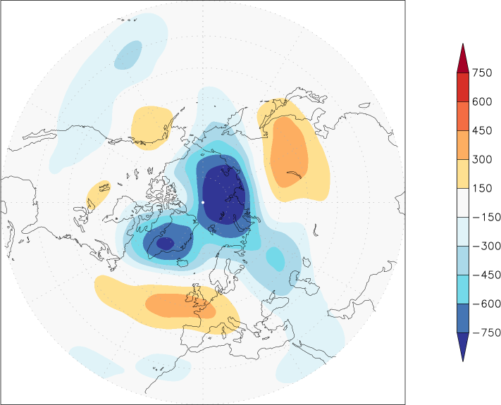 500mb height (northern hemisphere) anomaly Winter half year (October-March)  w.r.t. 1981-2010