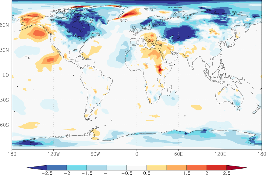 temperature (2m height, world) anomaly Winter half year (October-March)  w.r.t. 1981-2010
