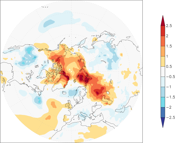 temperature (2m height, northern hemisphere) anomaly Summer half year (April-September)  w.r.t. 1981-2010