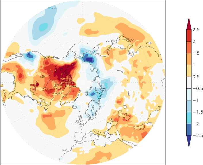 temperature (2m height, northern hemisphere) anomaly Summer half year (April-September)  w.r.t. 1981-2010