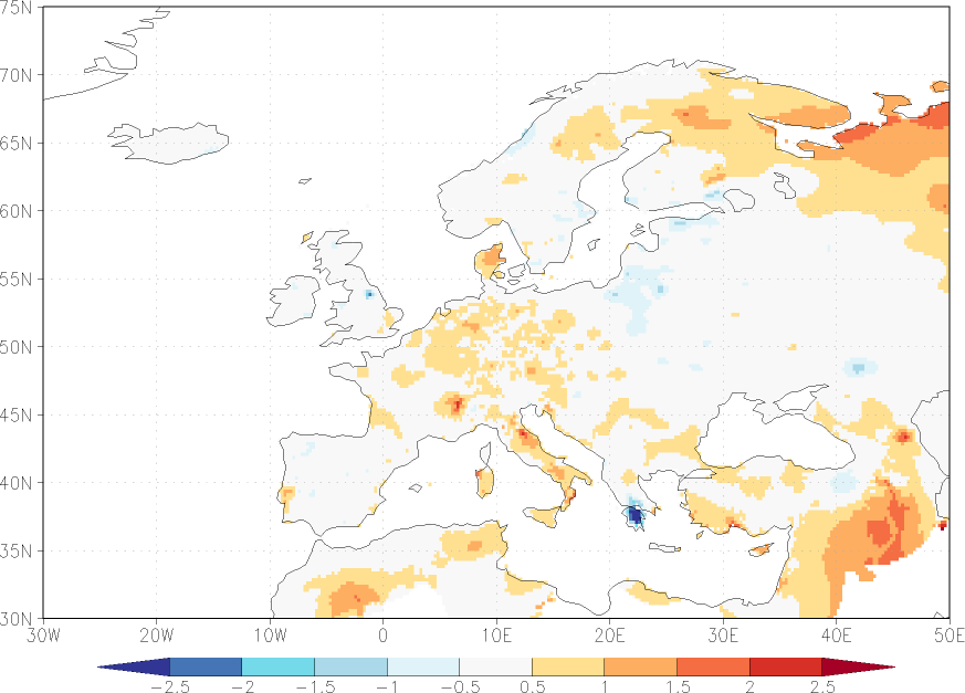 minimum temperature anomaly Summer half year (April-September)  w.r.t. 1981-2010