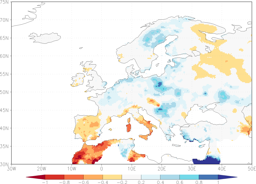 precipitation anomaly Summer half year (April-September)  relative anomalies  (-1: dry, 0: normal, 2: three times normal)