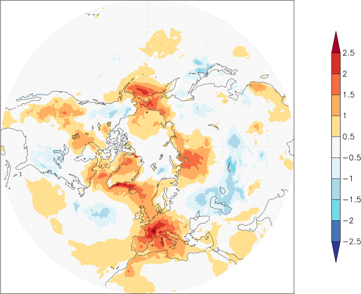 temperature (2m height, northern hemisphere) anomaly Summer half year (April-September)  w.r.t. 1981-2010