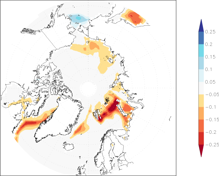 sea ice concentration (Arctic) anomaly Winter half year (October-March)  w.r.t. 1981-2010