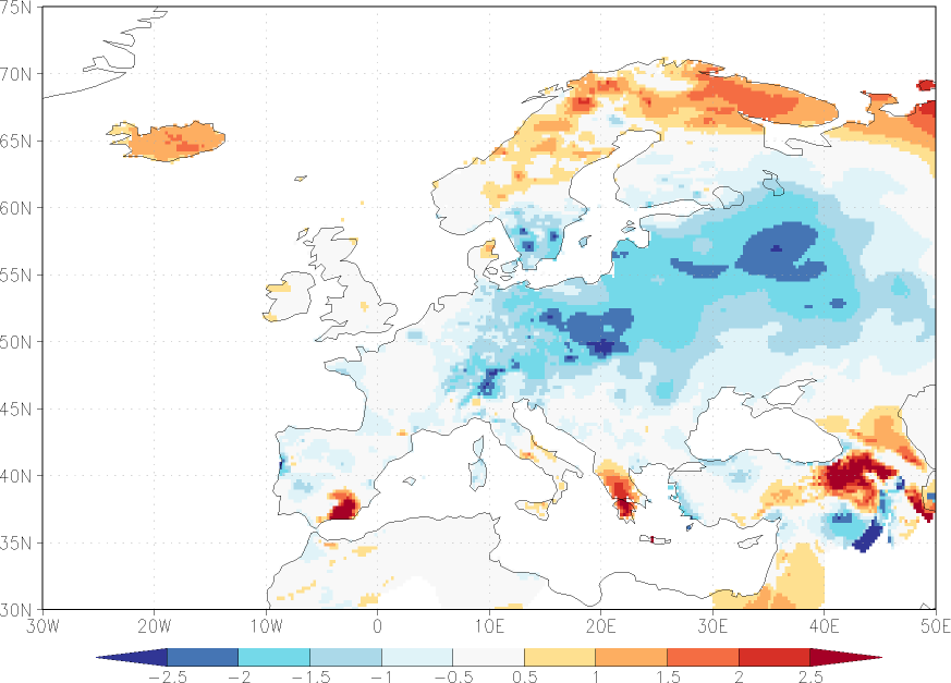 minimum temperature anomaly Winter half year (October-March)  w.r.t. 1981-2010