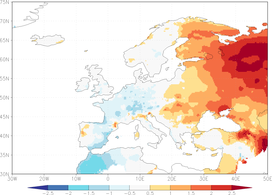 maximum temperature anomaly Winter half year (October-March)  w.r.t. 1981-2010