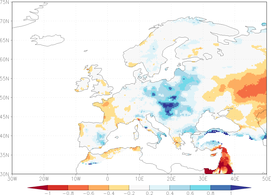 precipitation anomaly Summer half year (April-September)  relative anomalies  (-1: dry, 0: normal, 2: three times normal)