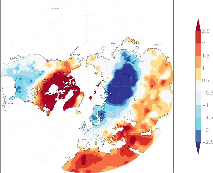 temperature (2m height, northern hemisphere) anomaly Winter half year (October-March)  w.r.t. 1981-2010