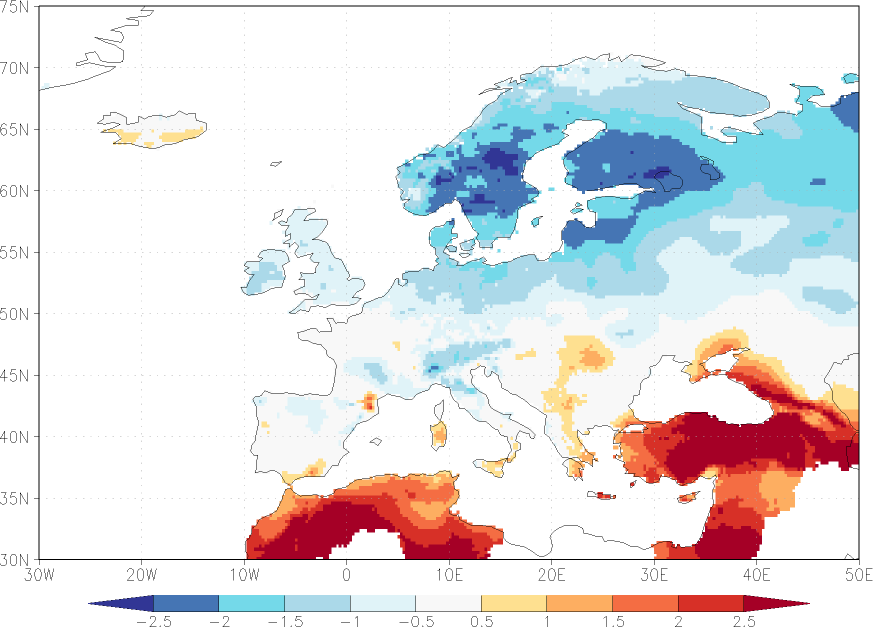 maximum temperature anomaly Winter half year (October-March)  w.r.t. 1981-2010